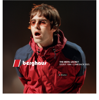 Liam Gallagher wearing a red and blue jacket, showcasing the Berghaus Meru Jacket, which debuted in 1994 and is set for a comeback in 2025.